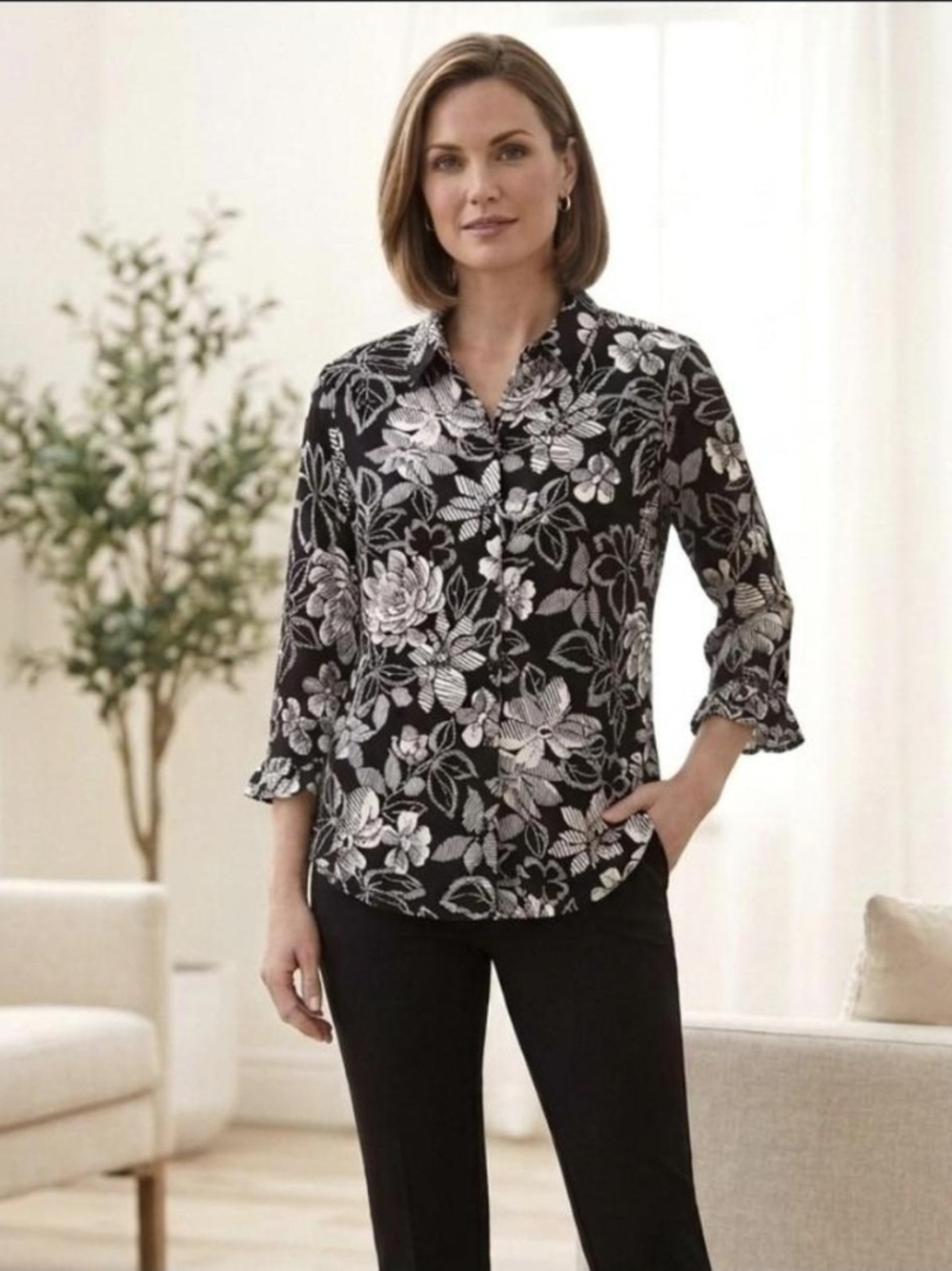 Alfred Dunner Black Floral Button-Down Shirt